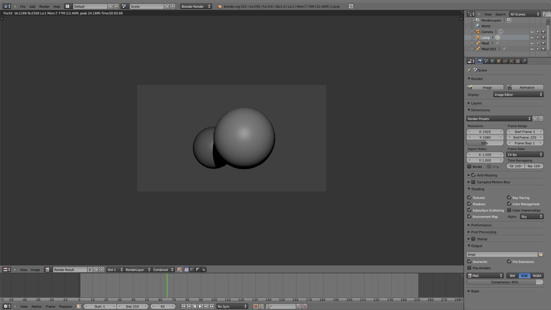 Ray tracing scene with 2 spheres in Blender
