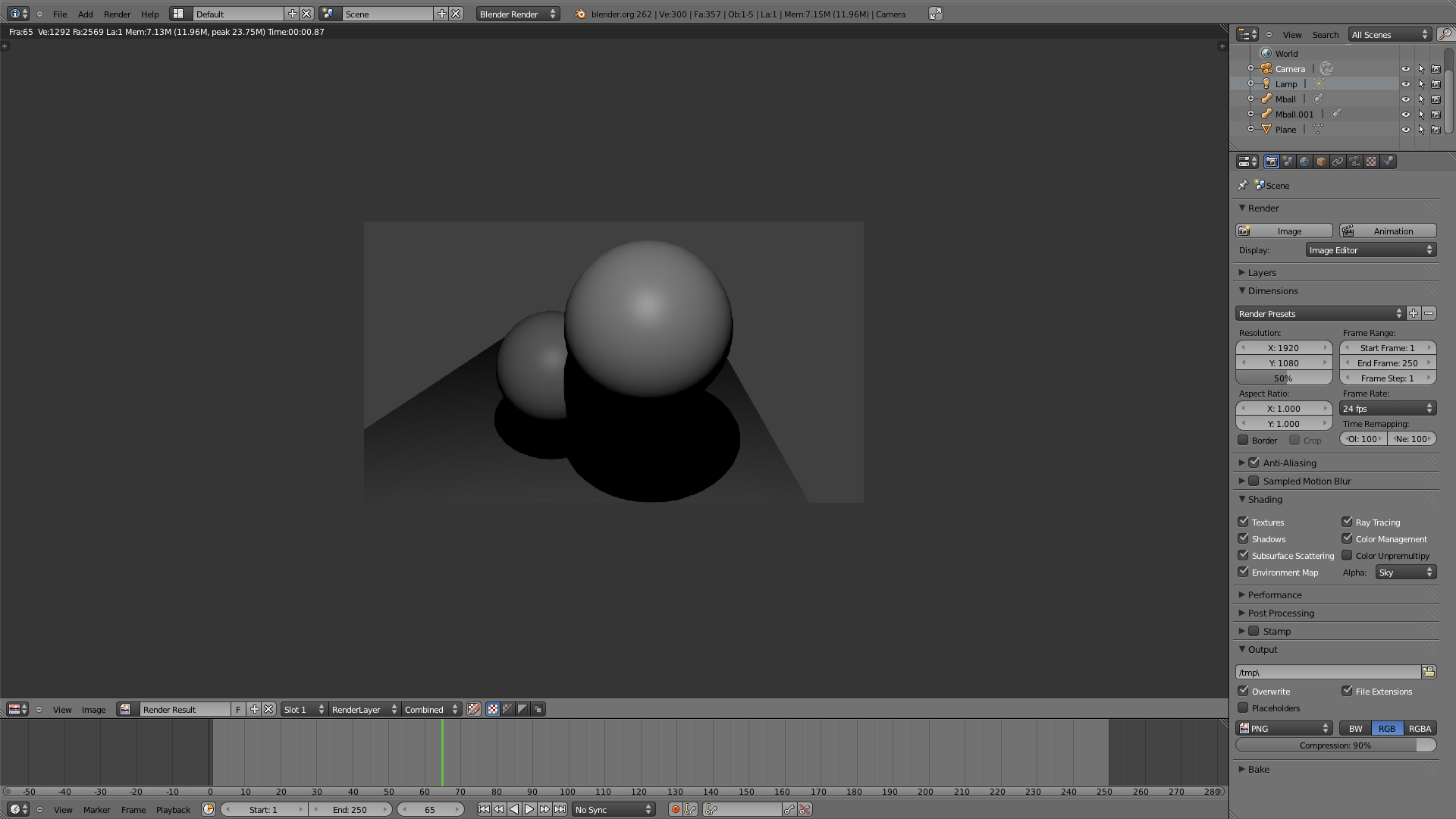 Ray tracing scene with 2 spheres, and a floor (rectangular plane) added in Blender