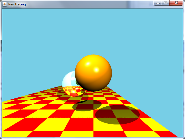 Ray tracer with reflecting sphere as seen using 2 light sources and noise fixed