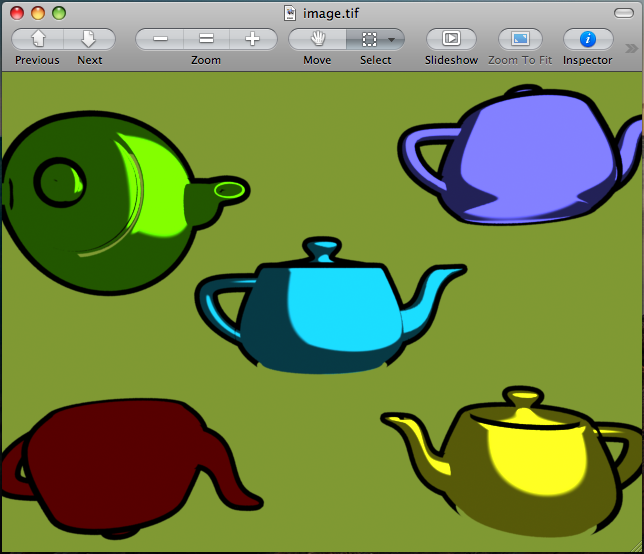 Five cell-shaded teapots with different colors at different angles