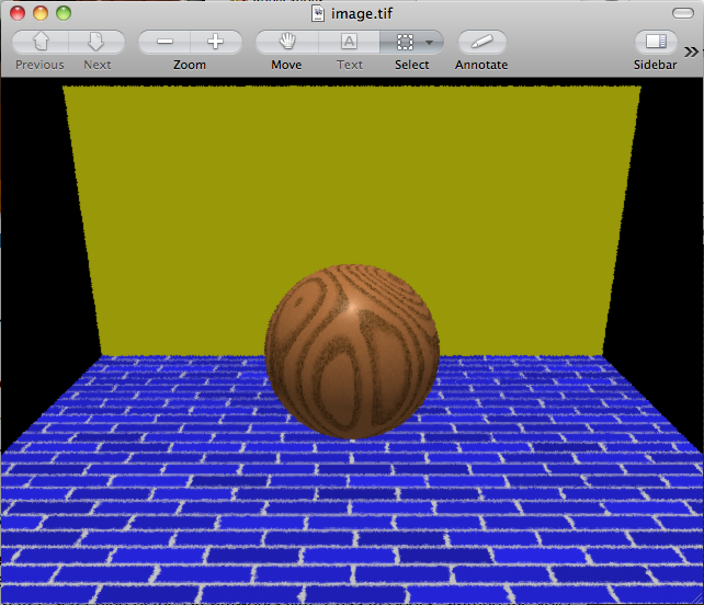 Renderman scene with a sphere using a wood texture against the default wall